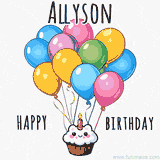 An adorable and cute cupcake with a smiley face and moving colorful balloons create a joyful birthday greeting for Allyson in this cheerful animated greeting E-card.