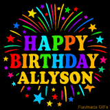 Personalized greeting card with name, colorful text that says 'Happy Birthday Allyson' surrounded by animated fireworks and multicolor stars