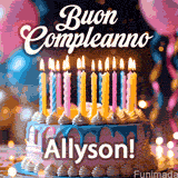 Birthday cake topped with pink and yellow lit candles, surrounded by glowing bokeh lights and party balloons. The greeting 'Buon Compleanno Allyson GIF!' is displayed.