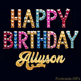 Vibrant luxury birthday greeting card for Allyson, showing glittering gemstone letters and golden calligraphy on a dark background with twinkling shine effects.