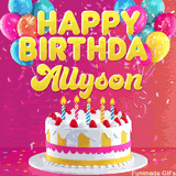 Pink-themed animated greeting with balloons, confetti, and a frosted cake under the message 'Happy Birthday Allyson' in bold rounded yellow font.
