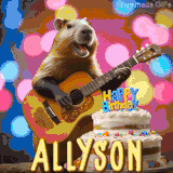 Animated birthday GIF showing a capybara playing guitar and singing beside a birthday cake with the name Allyson in large letters and colorful bokeh lights in the background.