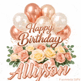Pastel metallic balloons and rose bouquet Happy Birthday Allyson GIF