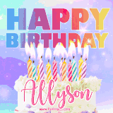 A vibrant animated name GIF with the words 'Happy Birthday Allyson' with colorful candles on a creamy cake. The background sparkles with pastel shades, adding a festive touch.