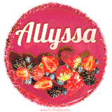 Beautifully decorated red velvet berry birthday cake with vibrant fruits and a glowing 'Allyssa' name, adding a touch of sweetness and sparkle.