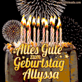 A chocolate birthday cake with glowing candles, the German text 'Alles Gute zum Geburtstag Allyssa,' and vibrant fireworks lighting up the background in an animated GIF.