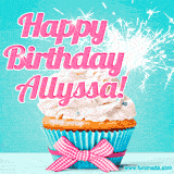 A festive cupcake with pink icing, a gingham bow, and a lit animated sparkler, paired with 'Happy Birthday Allyssa!' in bright pink text.