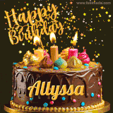 A delightful chocolate birthday cake with bright candles and 'Happy Birthday Allyssa' written in gold amidst a shower of animated stars.