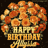 Animated bouquet of orange roses with moving butterfles and golden 'Happy Birthday Allyssa' text, surrounded by sparkling accents and a dark backdrop for a luxurious feel.