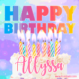 A vibrant animated name GIF with the words 'Happy Birthday Allyssa' with colorful candles on a creamy cake. The background sparkles with pastel shades, adding a festive touch.