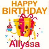 A vibrant and funny gift box character with a happy face dancing with a cupcake and the text 'Happy Birthday Allyssa,' surrounded by animated confetti and party vibes.