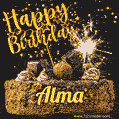 Celebrate Alma's birthday with a GIF featuring chocolate cake, a lit sparkler, and golden stars