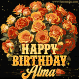 Animated bouquet of orange roses with moving butterfles and golden 'Happy Birthday Alma' text, surrounded by sparkling accents and a dark backdrop for a luxurious feel.