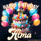 Bright birthday animation for Alma with a chocolate cake, candles, balloons, and glowing celebratory lights.
