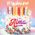 Personalized for Alma elegant birthday cake adorned with rainbow sprinkles, colorful candles and glitter