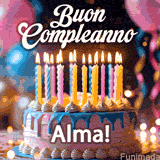 Birthday cake topped with pink and yellow lit candles, surrounded by glowing bokeh lights and party balloons. The greeting 'Buon Compleanno Alma GIF!' is displayed.