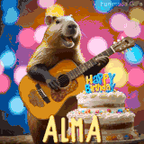 Animated birthday GIF showing a capybara playing guitar and singing beside a birthday cake with the name Alma in large letters and colorful bokeh lights in the background.