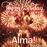 Happy Birthday Alma animated image showcasing a bundle of gold and red balloons floating above a red present.