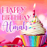 A vibrant birthday GIF featuring a rainbow-colored cupcake topped with white frosting, sprinkles, and a lit candle. The text reads 'Happy Birthday Almah' in bold pink and violet letters with white outline.
