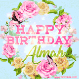 A charming animated GIF featuring 'Happy Birthday Almah' in pink and green text, surrounded by delicate roses, leaves, and fluttering butterflies on a soft light blue pastel background.