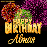 A golden 'Happy Birthday Almas' message with vibrant fireworks in the background, creating a festive and celebratory vibe in this animated name GIF.