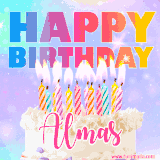 A vibrant animated name GIF with the words 'Happy Birthday Almas' with colorful candles on a creamy cake. The background sparkles with pastel shades, adding a festive touch.