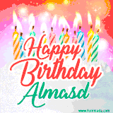 Bright birthday candles with rainbow flames on a cake, alongside the text 'Happy Birthday Almasd' in vibrant script in this celebratory animated GIF.