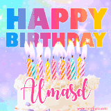 A vibrant animated name GIF with the words 'Happy Birthday Almasd' with colorful candles on a creamy cake. The background sparkles with pastel shades, adding a festive touch.