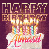 A colorful birthday cake topped with lit candles, with the words 'Happy Birthday Almasd' in bold glowing letters on a burgundy background. Animated flames add a festive touch.