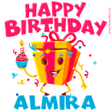 A vibrant and funny gift box character with a happy face dancing with a cupcake and the text 'Happy Birthday Almira,' surrounded by animated confetti and party vibes.
