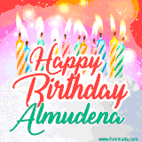 Bright birthday candles with rainbow flames on a cake, alongside the text 'Happy Birthday Almudena' in vibrant script in this celebratory animated GIF.