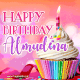 A vibrant birthday GIF featuring a rainbow-colored cupcake topped with white frosting, sprinkles, and a lit candle. The text reads 'Happy Birthday Almudena' in bold pink and violet letters with white outline.