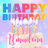 A vibrant animated name GIF with the words 'Happy Birthday Almudena' with colorful candles on a creamy cake. The background sparkles with pastel shades, adding a festive touch.