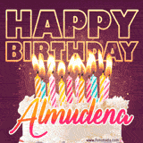 A colorful birthday cake topped with lit candles, with the words 'Happy Birthday Almudena' in bold glowing letters on a burgundy background. Animated flames add a festive touch.