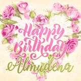 A stunning heart made of pink roses surrounds the elegant script text 'Happy Birthday Almudena' on a soft beige background. Animated sparkles add a magical and festive feel.