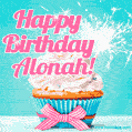 Happy Birthday Alonah! Elegang Sparkling Cupcake GIF Image.