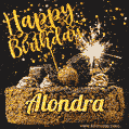 Celebrate Alondra's birthday with a GIF featuring chocolate cake, a lit sparkler, and golden stars