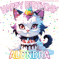 Cute cosmic cat with a birthday cake for Alondra surrounded by a shimmering array of rainbow stars