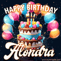 Hand-drawn happy birthday cake adorned with an arch of colorful balloons - name GIF for Alondra