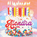 Personalized for Alondra elegant birthday cake adorned with rainbow sprinkles, colorful candles and glitter