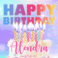 Animated Happy Birthday Cake with Name Alondra and Burning Candles