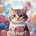 Happy birthday gif for Alonso with cat and cake