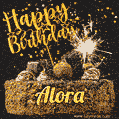 Celebrate Alora's birthday with a GIF featuring chocolate cake, a lit sparkler, and golden stars
