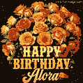 Beautiful bouquet of orange and red roses for Alora, golden inscription and twinkling stars
