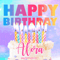 Animated Happy Birthday Cake with Name Alora and Burning Candles