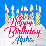 A cheerful animated GIF featuring colorful lit birthday candles on a white cake, with the text 'Happy Birthday Alpha' in bold red and blue script on a bright blue background.