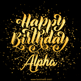 Animated GIF with colorful, festive 'Happy Birthday Alpha' text decorated with patterns, a party hat, and falling confetti. A vibrant and cheerful design for birthday celebrations.