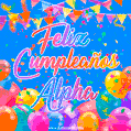 A vibrant animated GIF with 'Feliz Cumpleaños Alpha' written in colorful script, surrounded by balloons, confetti, and bunting on a bright blue background.