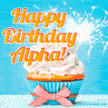 A cheerful animated GIF of a cupcake with creamy frosting, a red checkered ribbon, and a bright sparkler on top. The text 'Happy Birthday Alpha!' is displayed in vibrant orange and red.