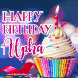 A festive animated GIF featuring a colorful cupcake with a single lit candle, sprinkles, and 'Happy Birthday Alpha' text against a sparkling, celebratory background.